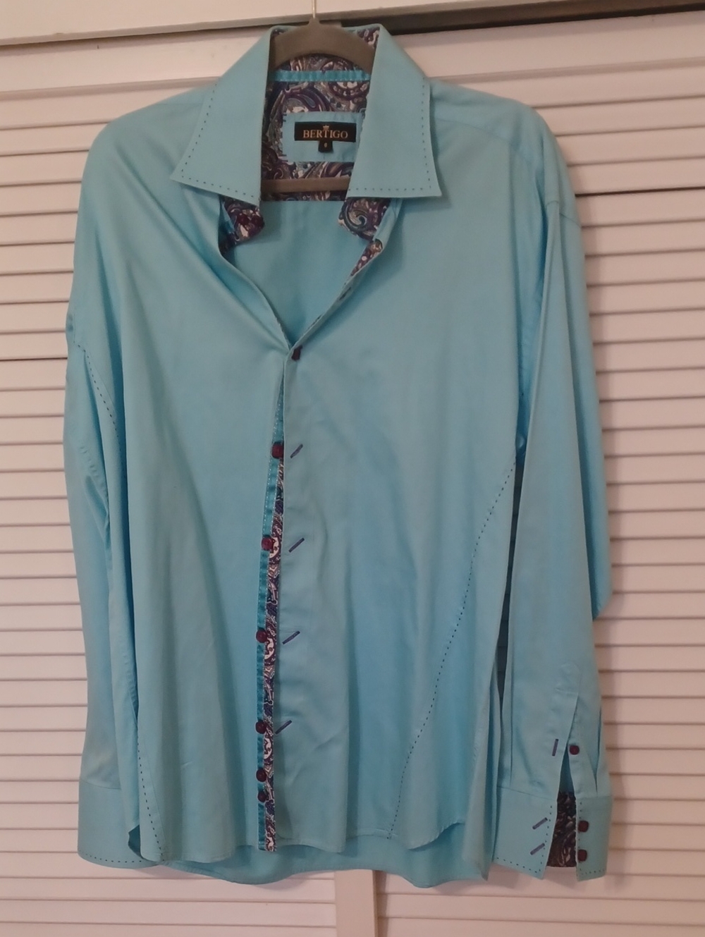 Bertgio Designer Shirt 2XL LS Shirt Blue  Paisley Print Accents Top Stiching EUC